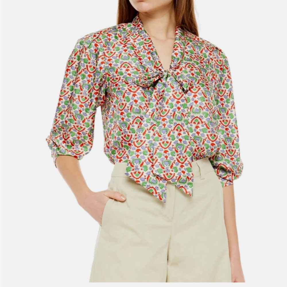 Tory Burch size 4 legacy paisley printed silk removable bow blouse